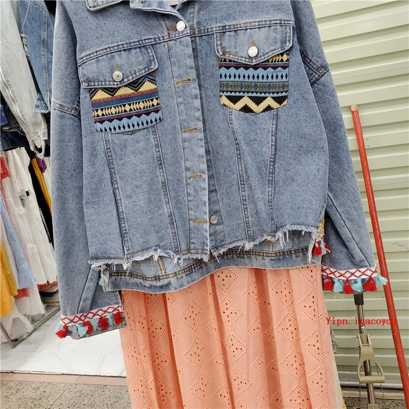 Boho Vintage Flower Embroidery Women Denim Jacket Spring Autumn 2025 Sequin Tassel Frayed Burrs Jean Jacket Loose Casual Fashion