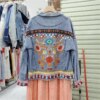 Boho Vintage Flower Embroidery Women Denim Jacket Spring Autumn 2025 Sequin Tassel Frayed Burrs Jean Jacket Loose Casual Fashion
