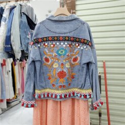 Boho Vintage Flower Embroidery Denim Jacket