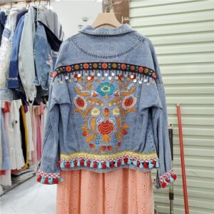 Boho Vintage Flower Embroidery Women Denim Jacket Spring Autumn 2025 Sequin Tassel Frayed Burrs Jean Jacket Loose Casual Fashion