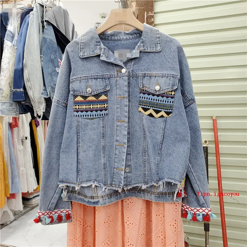 Boho Vintage Flower Embroidery Women Denim Jacket Spring Autumn 2025 Sequin Tassel Frayed Burrs Jean Jacket Loose Casual Fashion