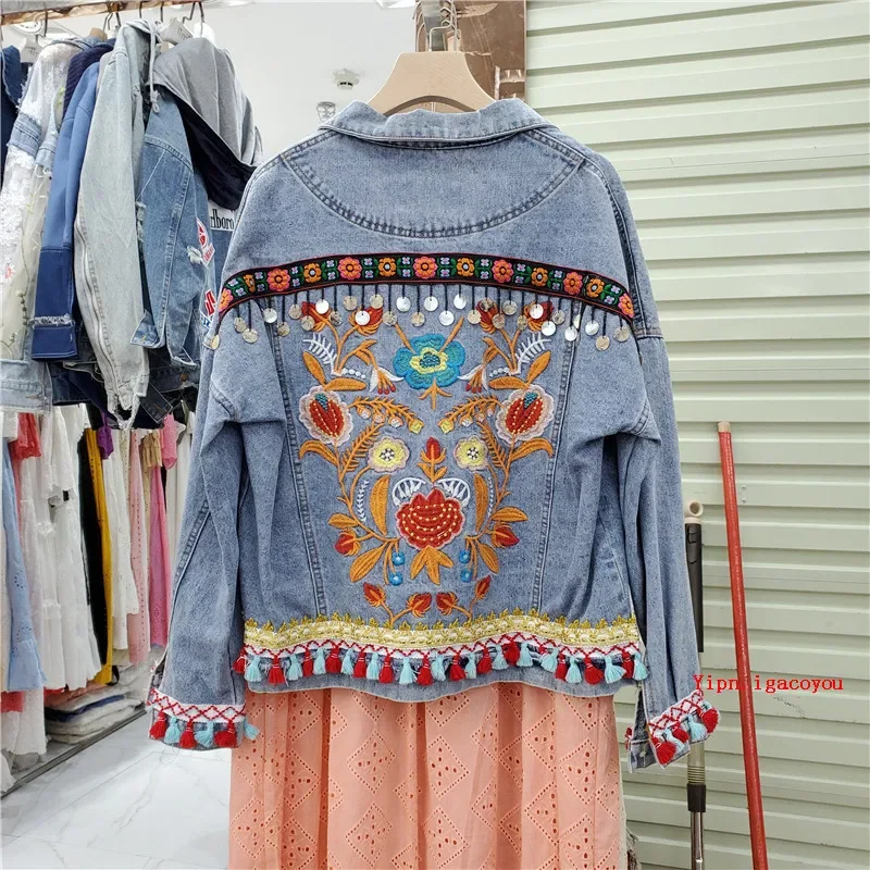 Boho Vintage Flower Embroidery Women Denim Jacket Spring Autumn 2025 Sequin Tassel Frayed Burrs Jean Jacket Loose Casual Fashion