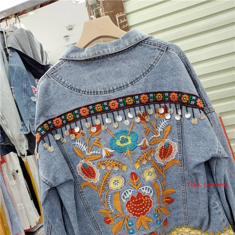 Boho Vintage Flower Embroidery Women Denim Jacket Spring Autumn 2025 Sequin Tassel Frayed Burrs Jean Jacket Loose Casual Fashion