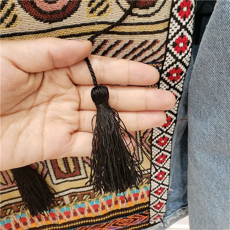 Vintage Jeans Jacket Coat Women Tassel Embroidery Flowers Denim Coat Loose Long Sleeve Short Bohemia Denim Jacket Female Outwear