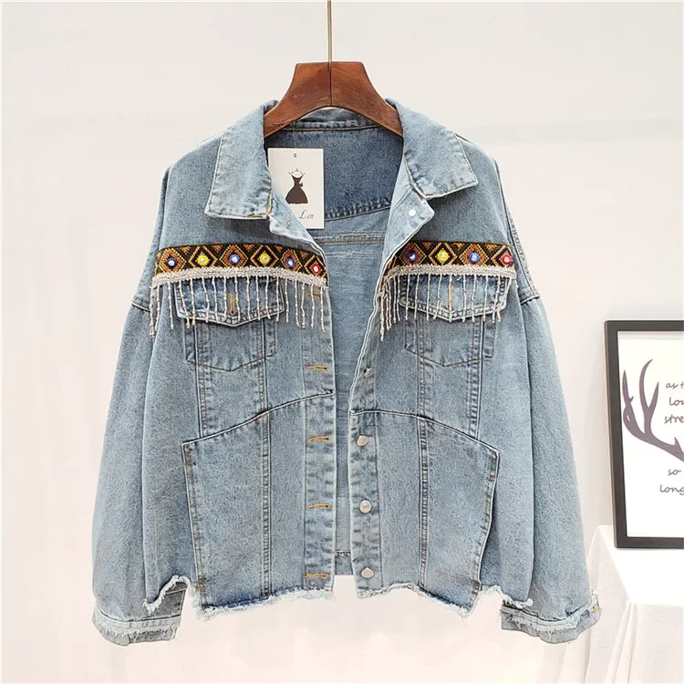 Vintage Jeans Jacket Coat Women Tassel Embroidery Flowers Denim Coat Loose Long Sleeve Short Bohemia Denim Jacket Female Outwear