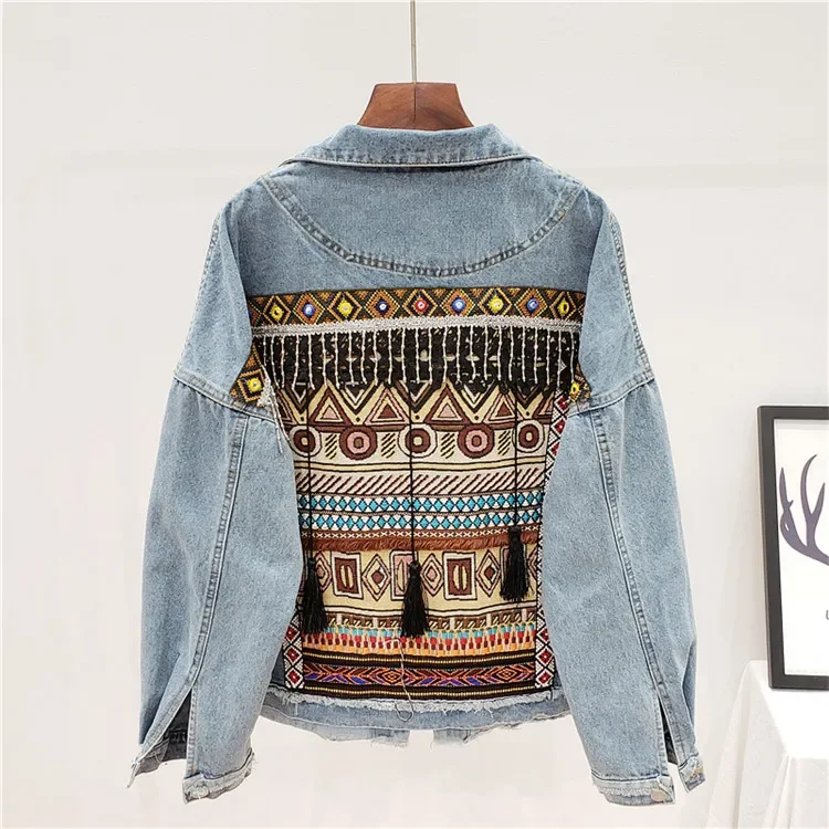 Vintage Jeans Jacket Coat Women Tassel Embroidery Flowers Denim Coat Loose Long Sleeve Short Bohemia Denim Jacket Female Outwear