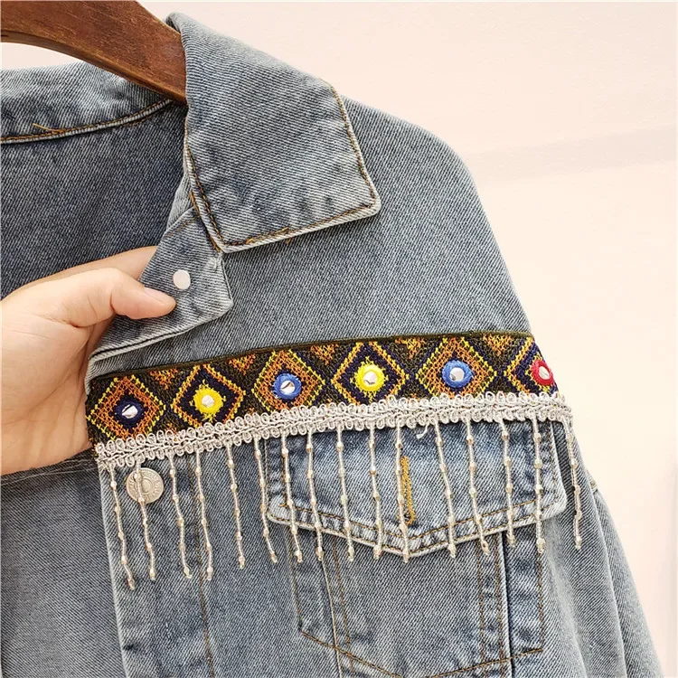 Vintage Jeans Jacket Coat Women Tassel Embroidery Flowers Denim Coat Loose Long Sleeve Short Bohemia Denim Jacket Female Outwear