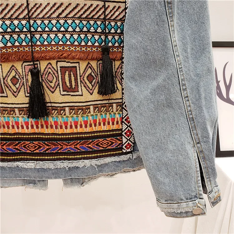 Vintage Jeans Jacket Coat Women Tassel Embroidery Flowers Denim Coat Loose Long Sleeve Short Bohemia Denim Jacket Female Outwear