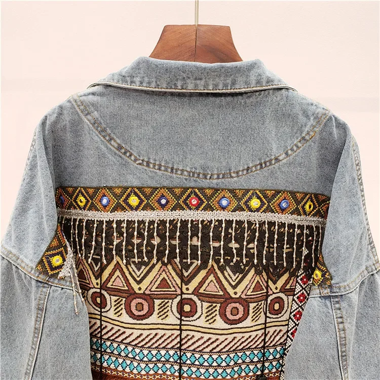 Vintage Jeans Jacket Coat Women Tassel Embroidery Flowers Denim Coat Loose Long Sleeve Short Bohemia Denim Jacket Female Outwear