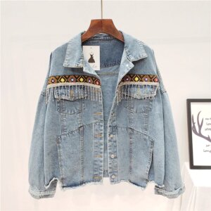 Vintage Jeans Jacket Coat Women Tassel Embroidery Flowers Denim Coat Loose Long Sleeve Short Bohemia Denim Jacket Female Outwear