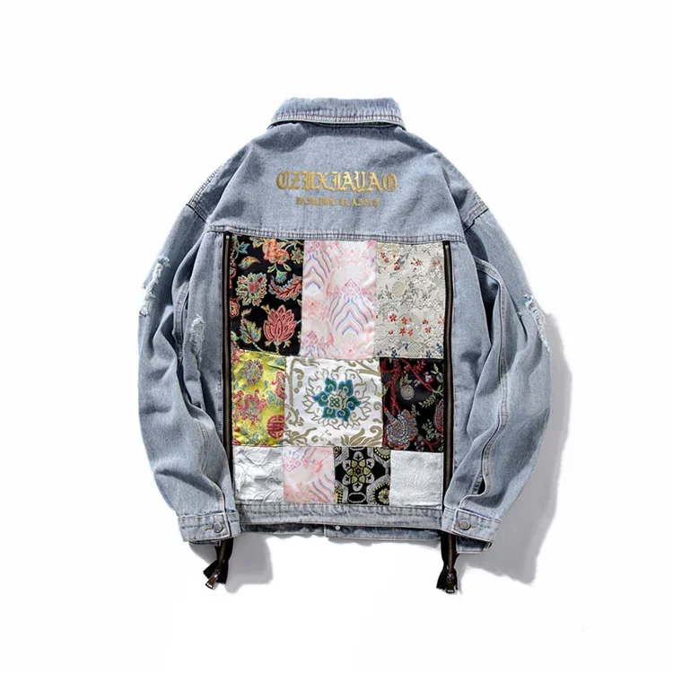 Boho Letter Embroidery Patch Splice Holes Big Pocket Denim Jacket Women Vintage Blue Streetwear Hip Hop Style Female Jeans Coat