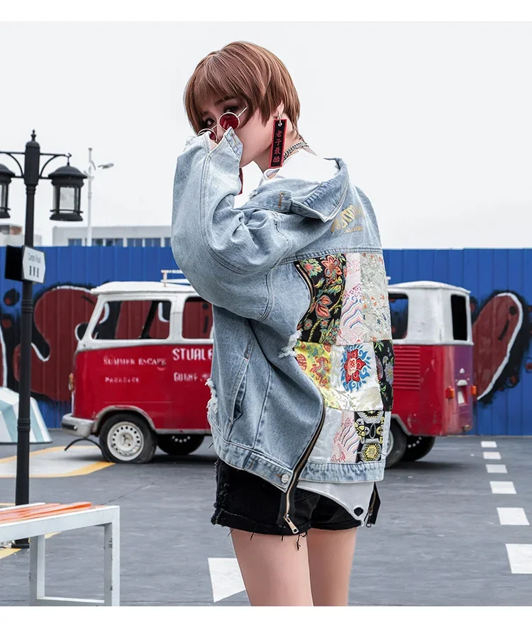 Boho Letter Embroidery Patch Splice Holes Big Pocket Denim Jacket Women Vintage Blue Streetwear Hip Hop Style Female Jeans Coat