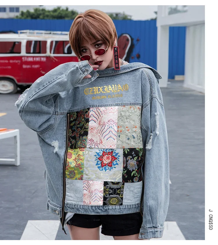 Boho Letter Embroidery Patch Splice Holes Big Pocket Denim Jacket Women Vintage Blue Streetwear Hip Hop Style Female Jeans Coat