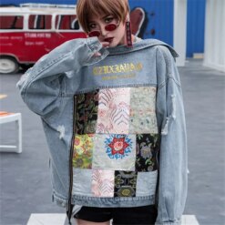 Boho Letter Embroidery Patch Splice Holes Big Pocket Denim Jacket