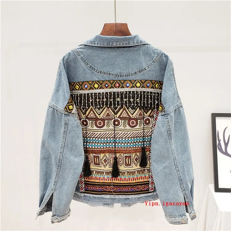 Boho Style Embroidery Tassel Denim Jacket Coat Women Spring Autumn Loose Long Sleeve Outerwear Vintage Blue Jeans Jacket Female