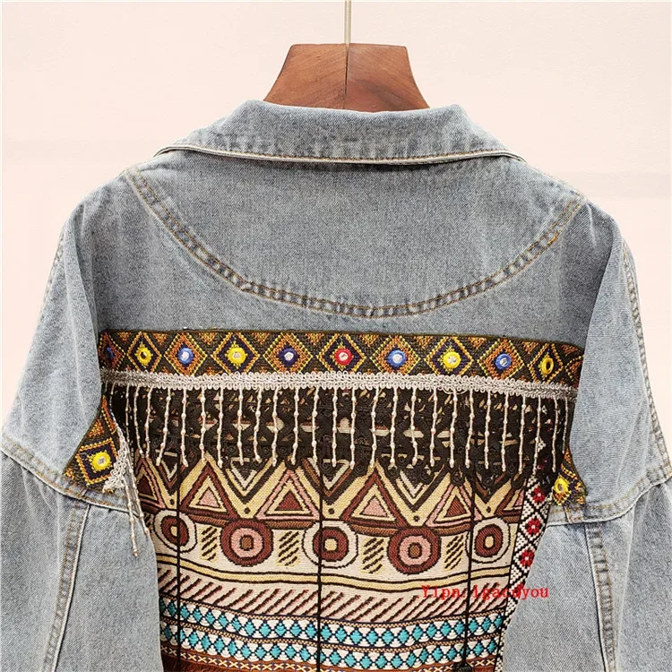 Boho Style Embroidery Tassel Denim Jacket Coat Women Spring Autumn Loose Long Sleeve Outerwear Vintage Blue Jeans Jacket Female