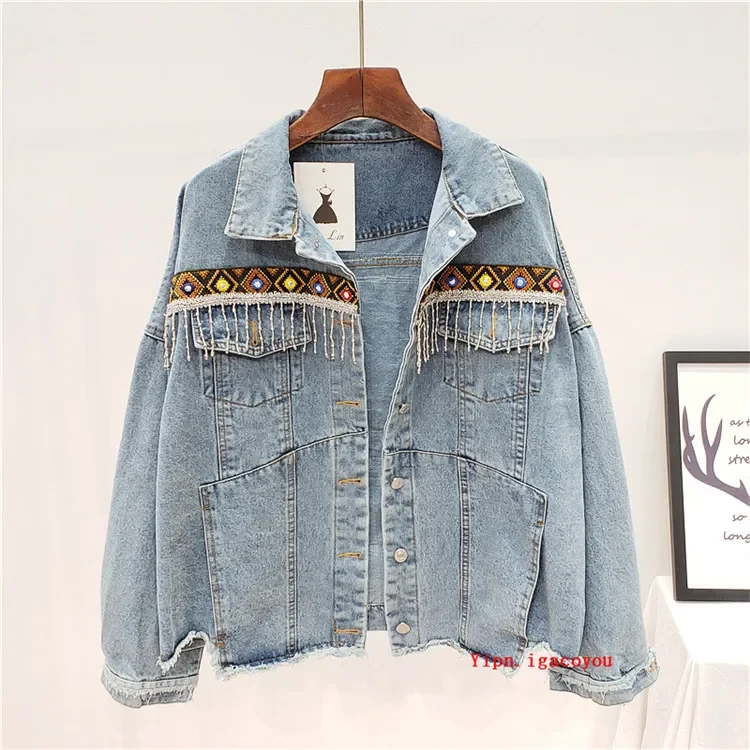 Boho Style Embroidery Tassel Denim Jacket Coat Women Spring Autumn Loose Long Sleeve Outerwear Vintage Blue Jeans Jacket Female