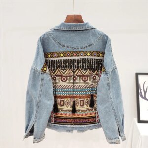 Boho Style Embroidery Tassel Denim Jacket Coat Women Spring Autumn Loose Long Sleeve Outerwear Vintage Blue Jeans Jacket Female
