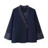 Tidalyf 2025 Women Jacquard Denim Effect Kimono Jacket Loose Fit Long Sleeve Beaded Button Casual Boho Chic Autumn Outfit