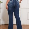 Boho High Waist Embroidered Flared Denim Pants for Women Vintage Blue Wide Hem Stretch Jeans Casual Retro Y2K Style Clothing