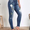 Women's High Waist Floral Embroidery Skinny Jeans Stretch Vintage Blue Denim Pants Boho Casual Summer Streetwear Party