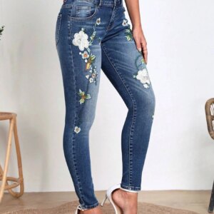 Women's High Waist Floral Embroidery Skinny Jeans Stretch Vintage Blue Denim Pants Boho Casual Summer Streetwear Party
