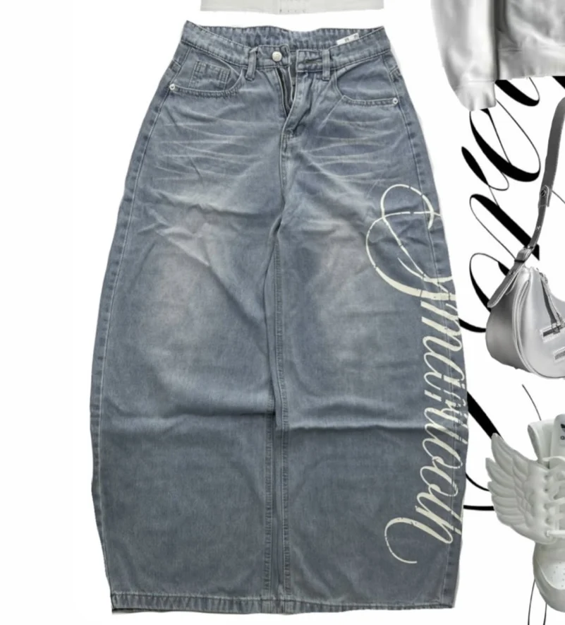 Streetwear New Fashion Vein Bloom Selvedge Printing Baggy Jeans Women Y2K Hip Hop Retro Popular Casual High Waist Wide Leg Pants