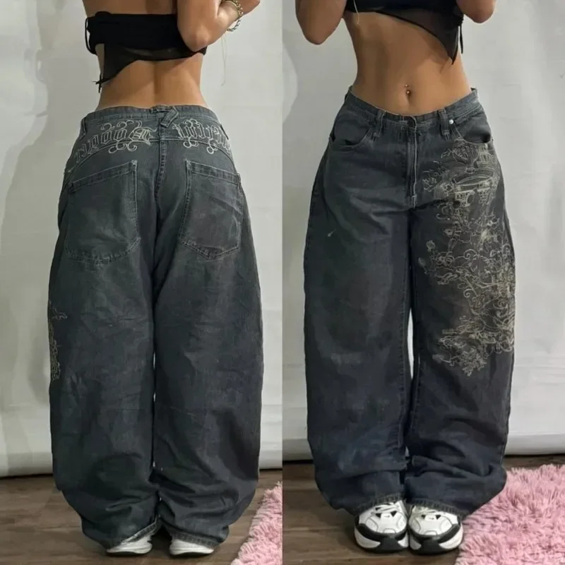 Vintage Popular Washing Old New Embroidered Baggy Jeans Women Y2K Gothic Hip-hop Rock Casual Joker Wide-leg Pants Streetwear