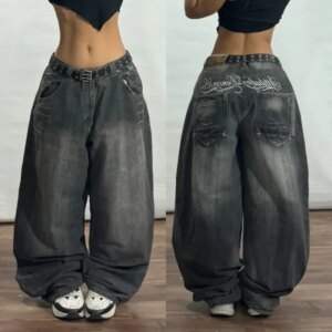 Vintage Popular Washing Old New Embroidered Baggy Jeans Women Y2K Gothic Hip-hop Rock Casual Joker Wide-leg Pants Streetwear