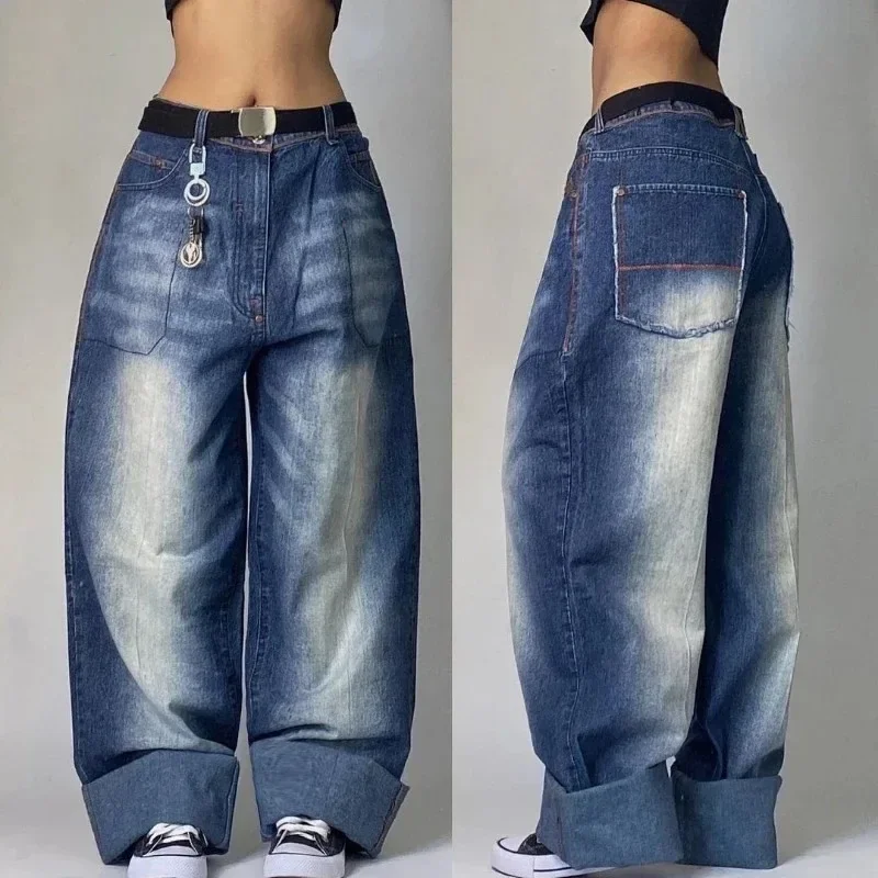Vintage Popular Washing Old New Embroidered Baggy Jeans Women Y2K Gothic Hip-hop Rock Casual Joker Wide-leg Pants Streetwear