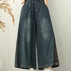 Cotton Embroidered Wide Leg Jeans Women
