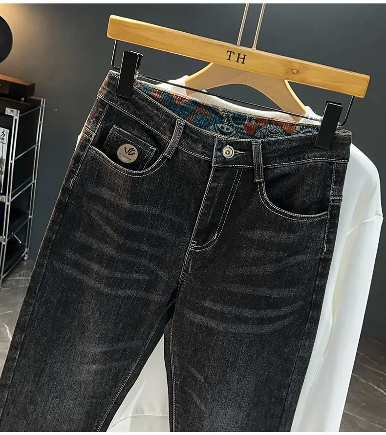 Retro ethnic style printed design jeans for men, 2026 autumn new men's clothing, slim fit trend casual pants