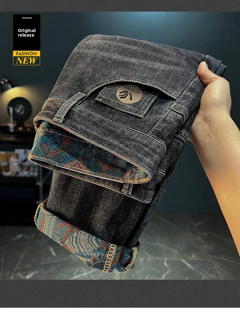 Retro ethnic style printed design jeans for men, 2026 autumn new men's clothing, slim fit trend casual pants