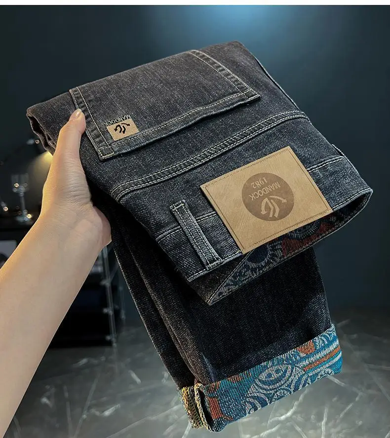 Retro ethnic style printed design jeans for men, 2026 autumn new men's clothing, slim fit trend casual pants
