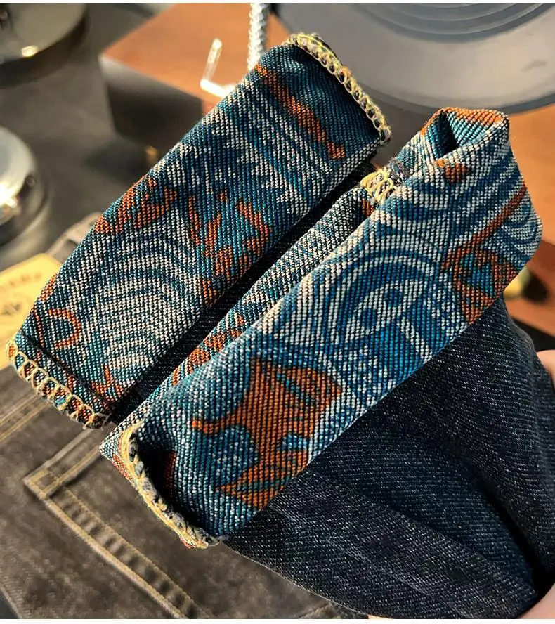 Retro ethnic style printed design jeans for men, 2026 autumn new men's clothing, slim fit trend casual pants