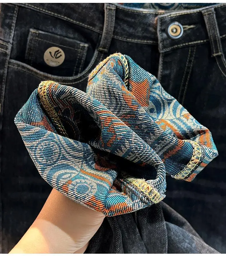 Retro ethnic style printed design jeans for men, 2026 autumn new men's clothing, slim fit trend casual pants