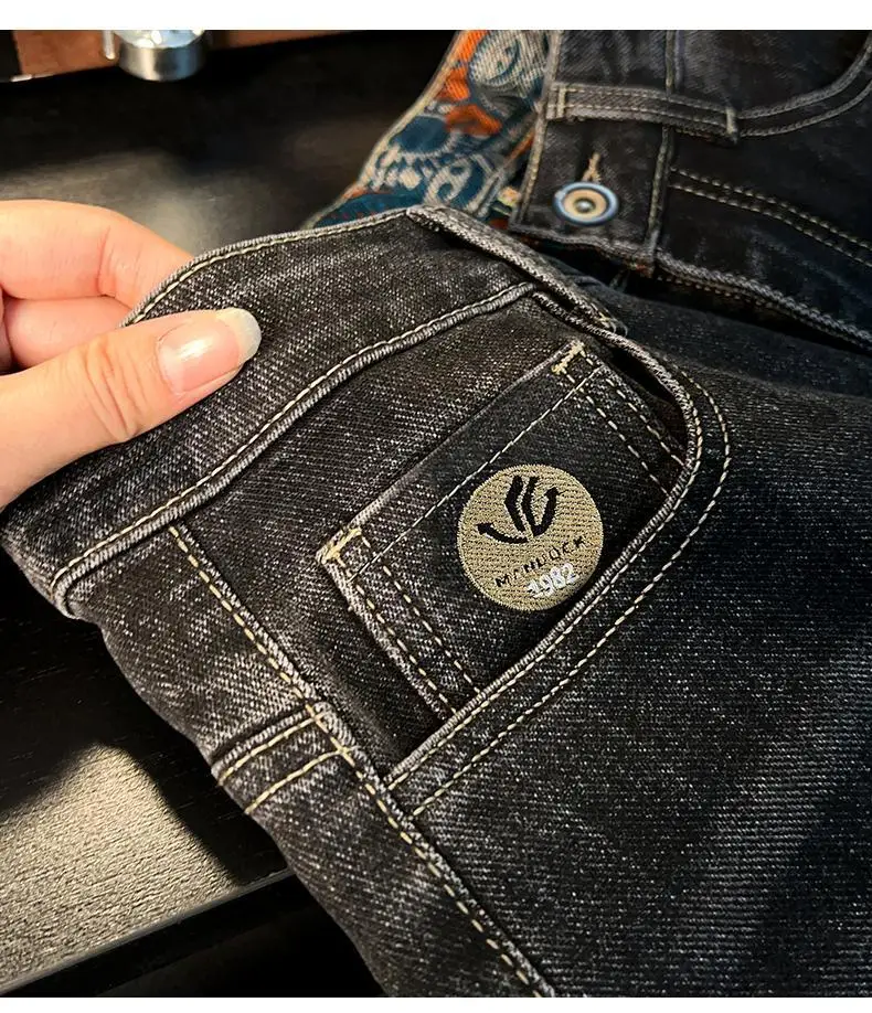 Retro ethnic style printed design jeans for men, 2026 autumn new men's clothing, slim fit trend casual pants