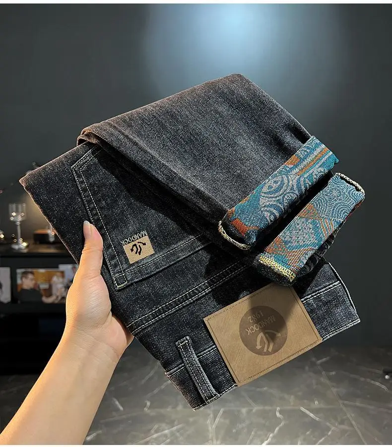 Retro ethnic style printed design jeans for men, 2026 autumn new men's clothing, slim fit trend casual pants