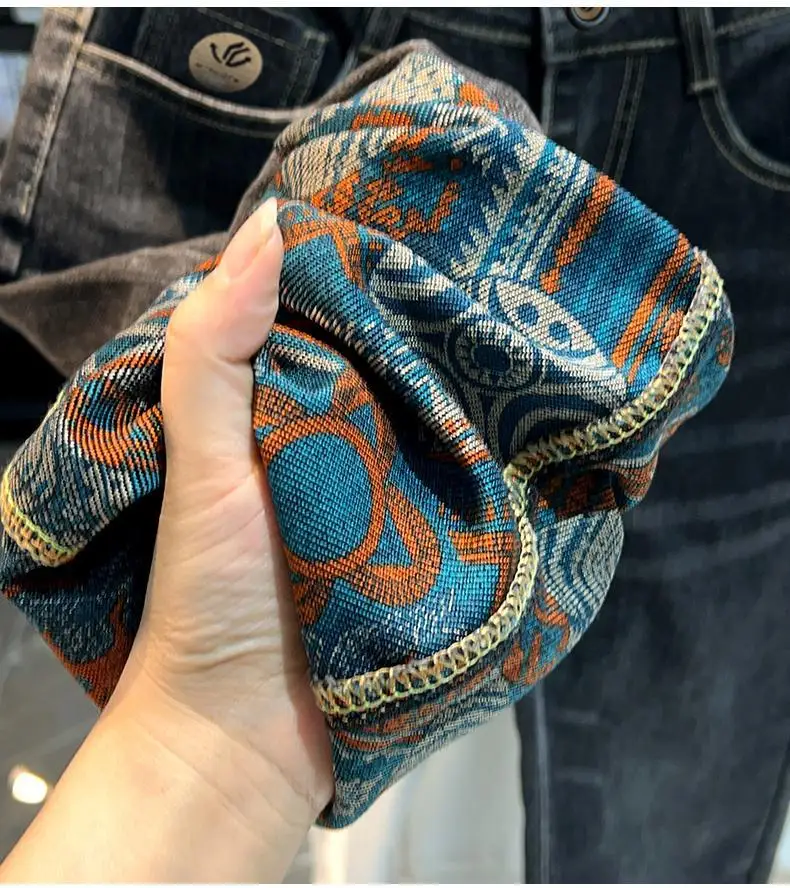 Retro ethnic style printed design jeans for men, 2026 autumn new men's clothing, slim fit trend casual pants