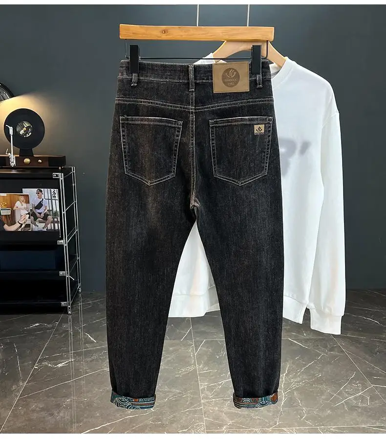 Retro ethnic style printed design jeans for men, 2026 autumn new men's clothing, slim fit trend casual pants