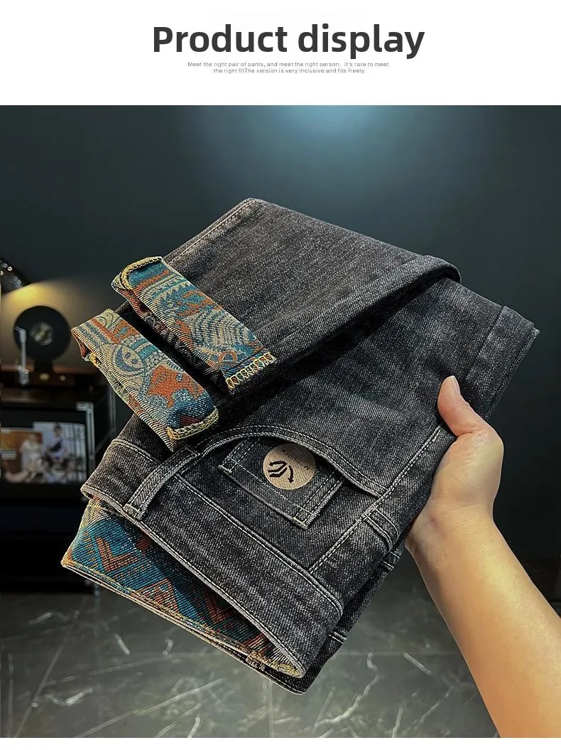 Retro ethnic style printed design jeans for men, 2026 autumn new men's clothing, slim fit trend casual pants