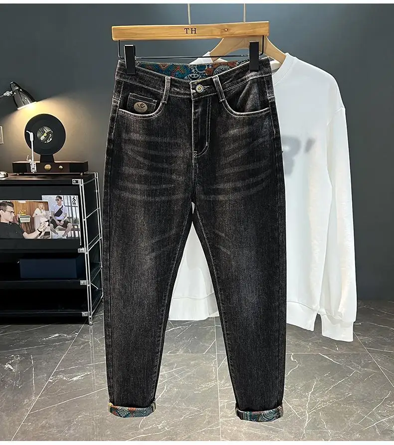 Retro ethnic style printed design jeans for men, 2026 autumn new men's clothing, slim fit trend casual pants