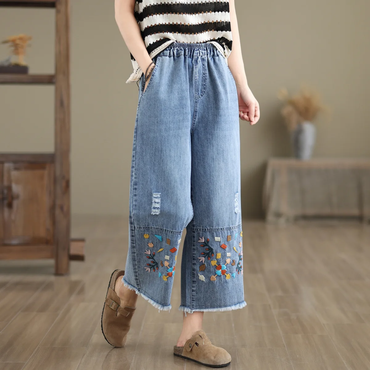Ethnic Butterfly Embroidery Jeans for Women Japan Style Vintage Boho Denim Straight-leg Pants Fringe Straight Jeans Trousers