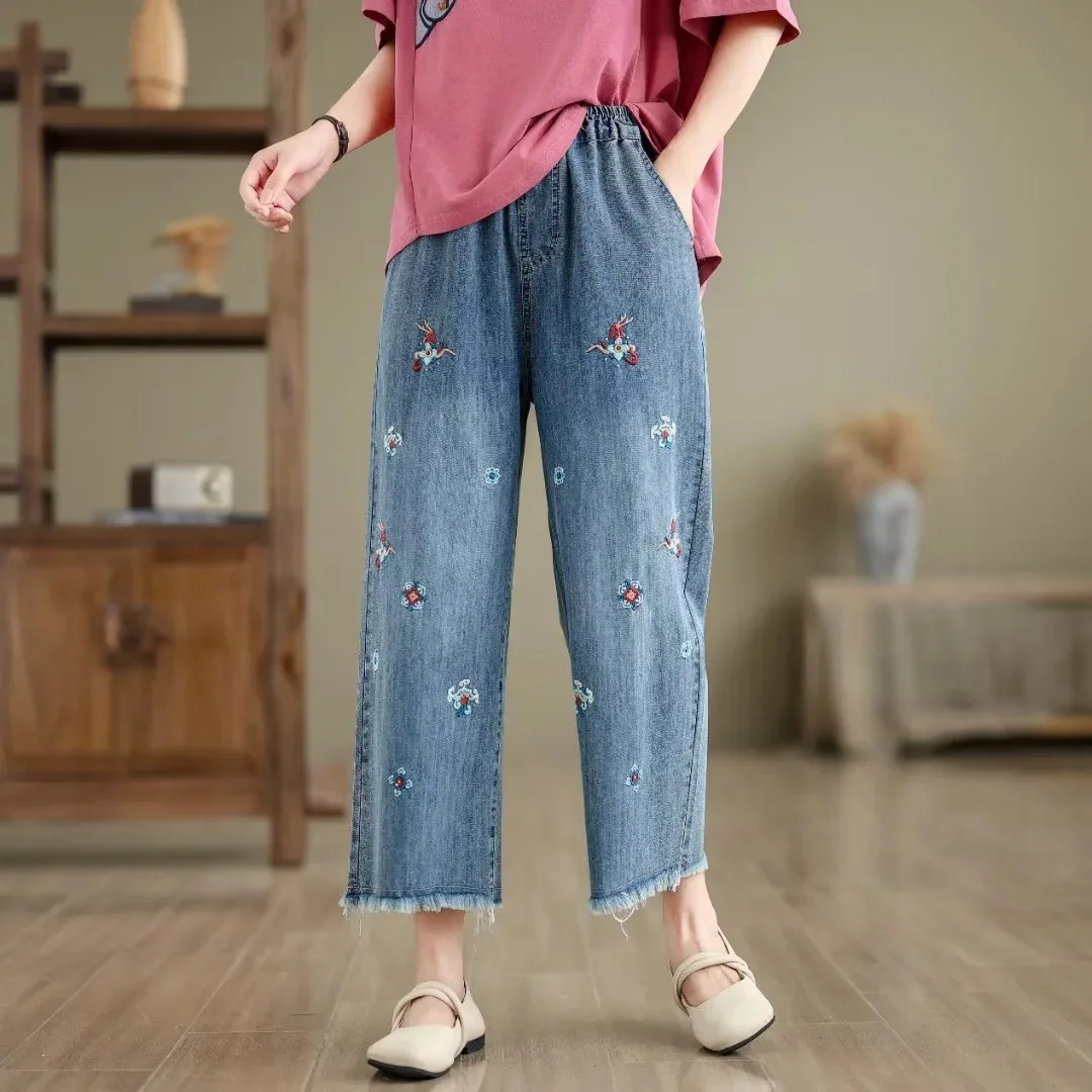 Ethnic Butterfly Embroidery Jeans for Women Japan Style Vintage Boho Denim Straight-leg Pants Fringe Straight Jeans Trousers
