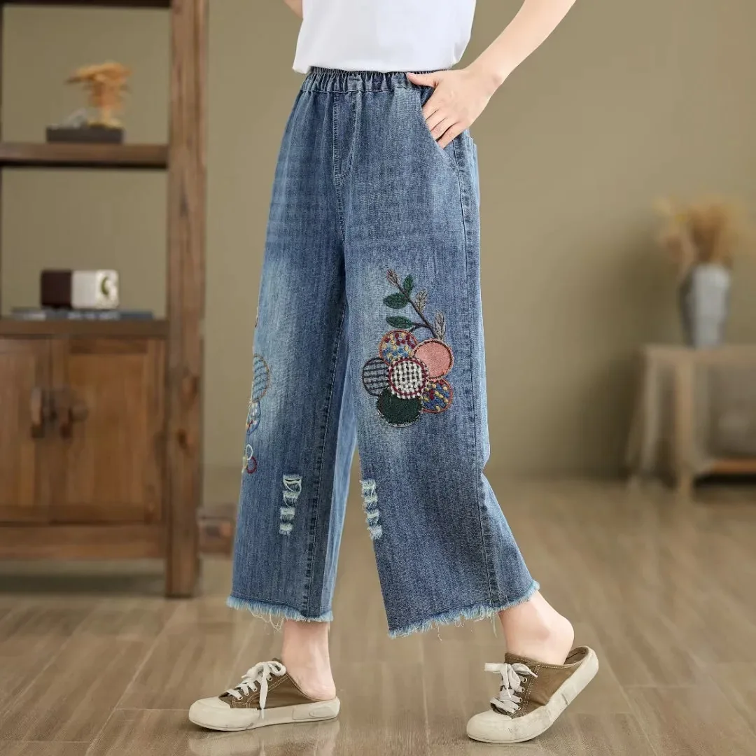Ethnic Butterfly Embroidery Jeans for Women Japan Style Vintage Boho Denim Straight-leg Pants Fringe Straight Jeans Trousers