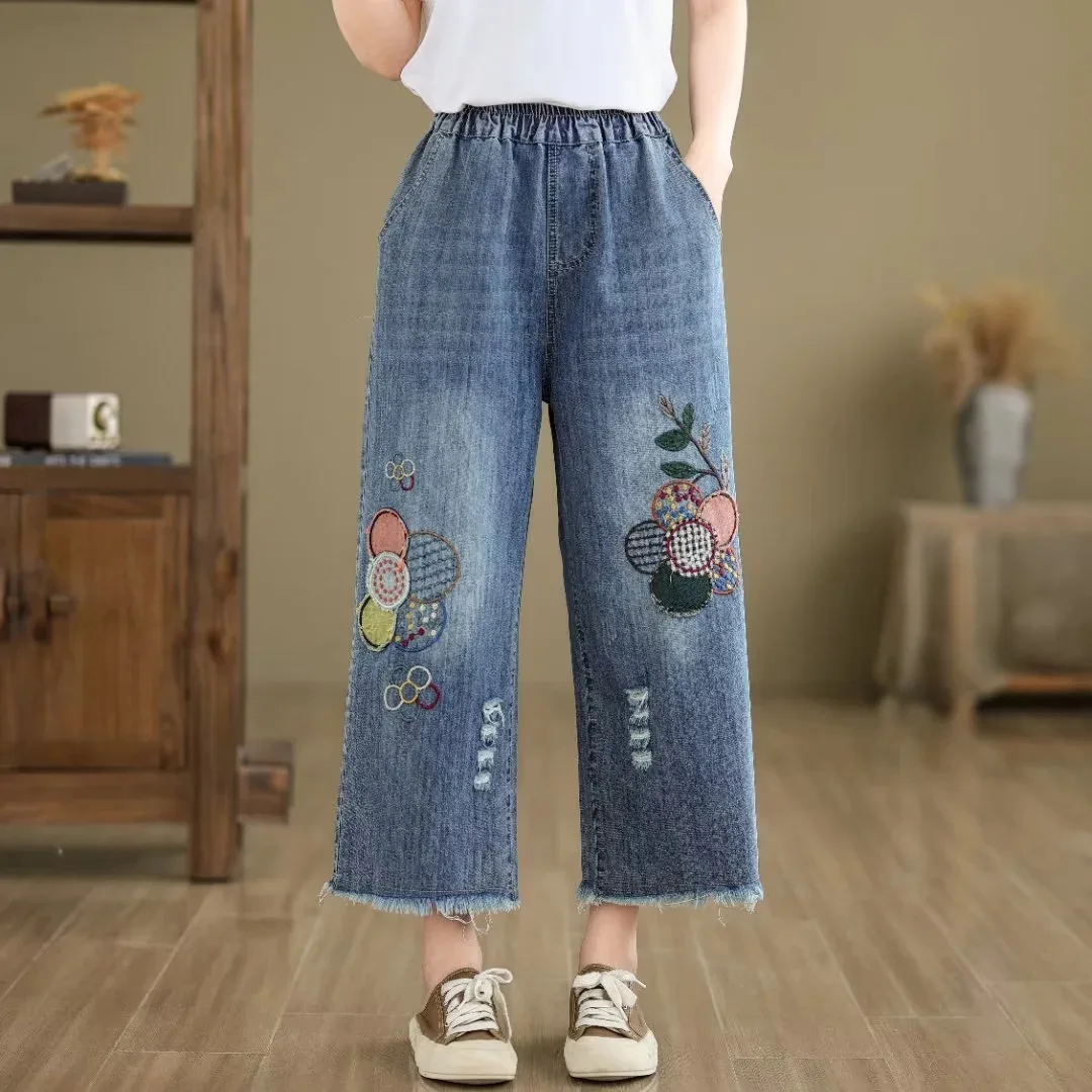 Ethnic Butterfly Embroidery Jeans for Women Japan Style Vintage Boho Denim Straight-leg Pants Fringe Straight Jeans Trousers