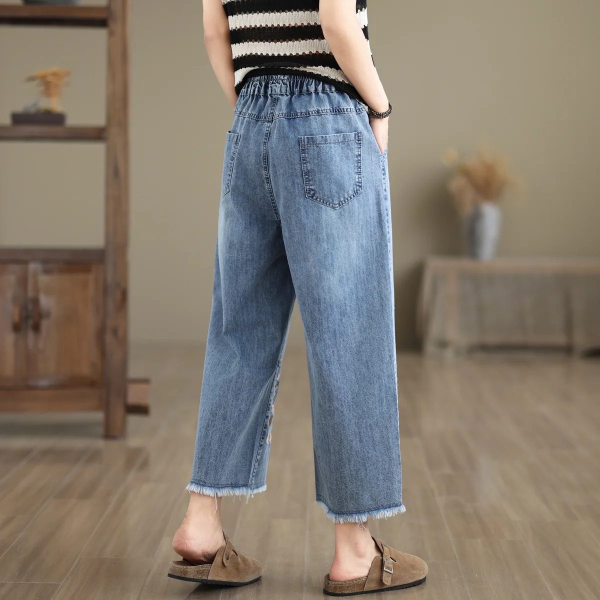 Ethnic Butterfly Embroidery Jeans for Women Japan Style Vintage Boho Denim Straight-leg Pants Fringe Straight Jeans Trousers