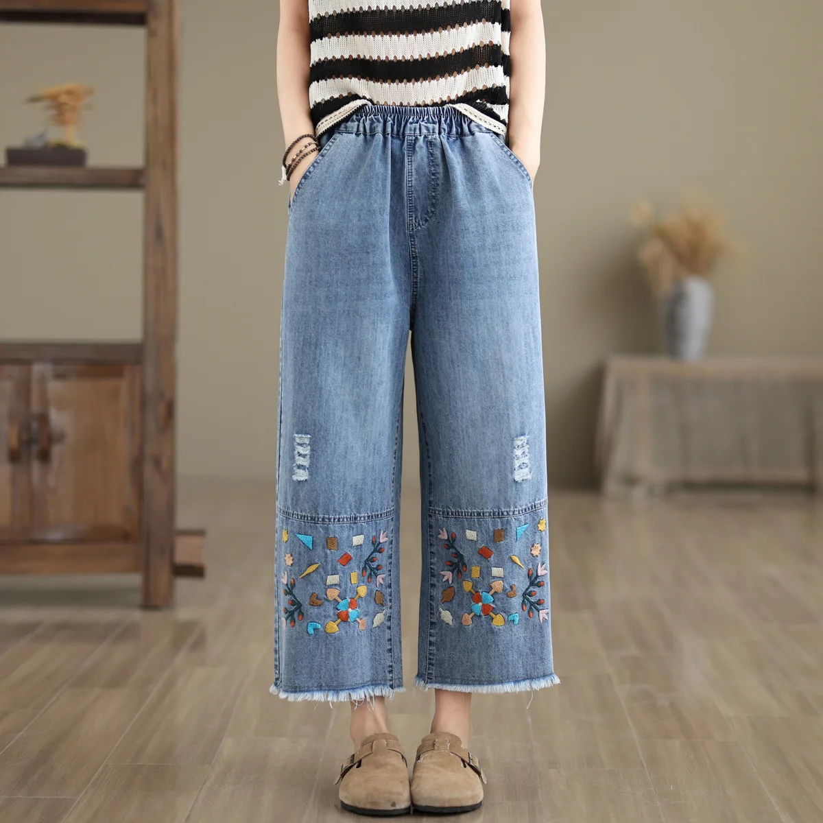 Ethnic Butterfly Embroidery Jeans for Women Japan Style Vintage Boho Denim Straight-leg Pants Fringe Straight Jeans Trousers