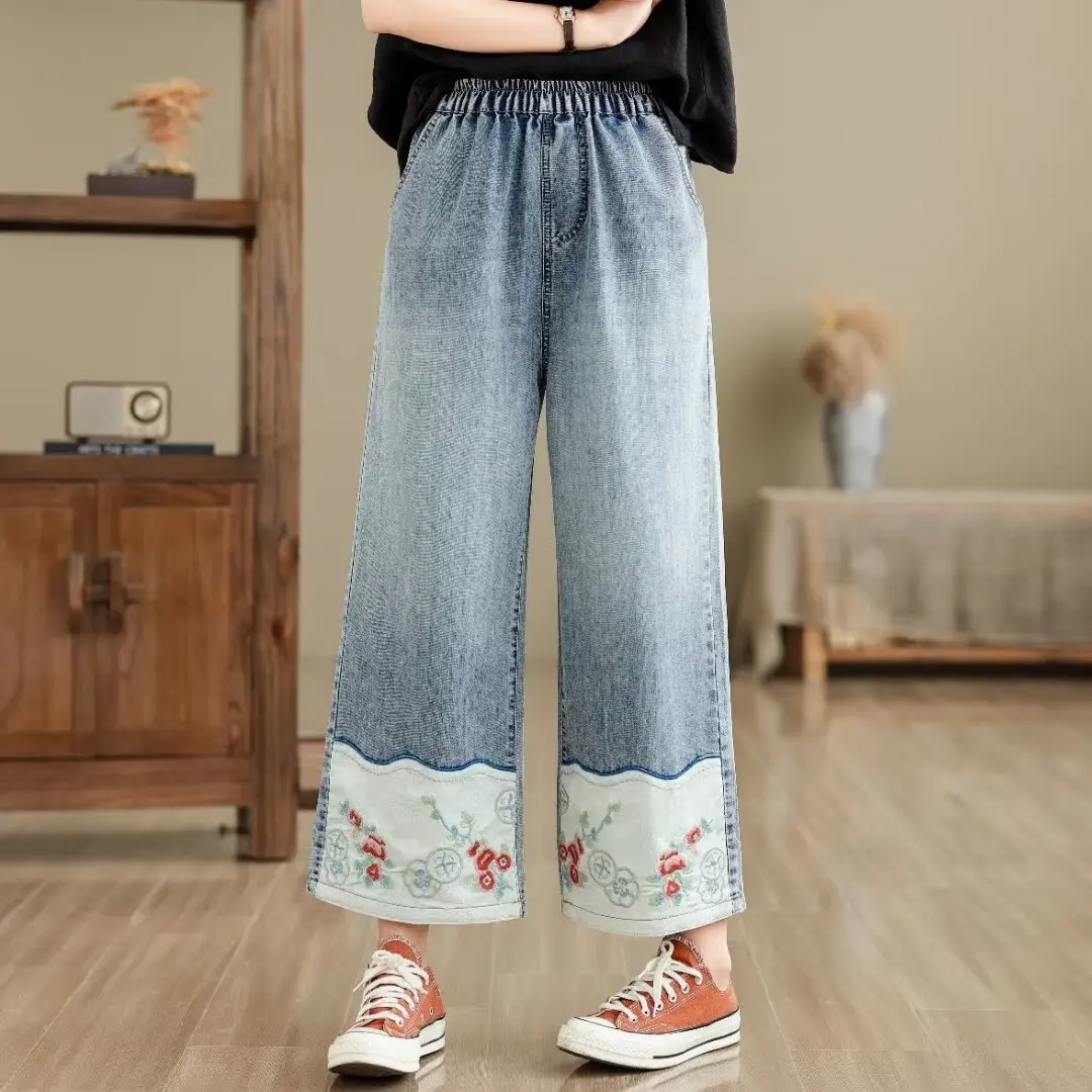 Ethnic Butterfly Embroidery Jeans for Women Japan Style Vintage Boho Denim Straight-leg Pants Fringe Straight Jeans Trousers