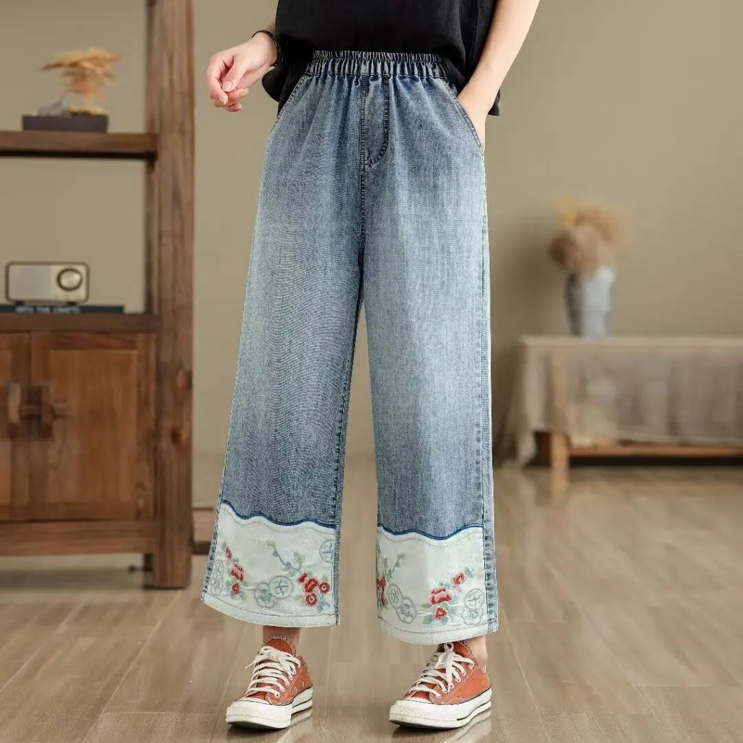 Ethnic Butterfly Embroidery Jeans for Women Japan Style Vintage Boho Denim Straight-leg Pants Fringe Straight Jeans Trousers
